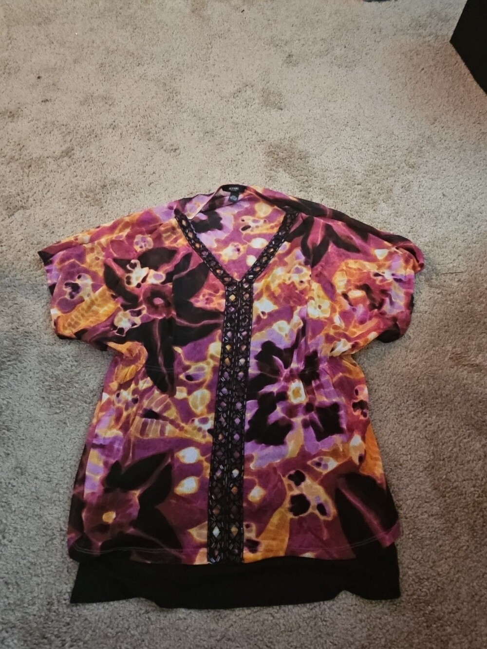 Alfani Petite Large P/L Boho Mesh Top Sheer Beaded V-Neck Floral Purple Blouse
